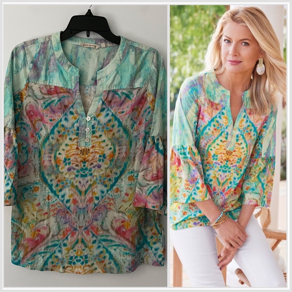 Soft Surroundings Zafraya Colorful Floral 3/4 Bell Sleeves V Neck Blouse Top M
